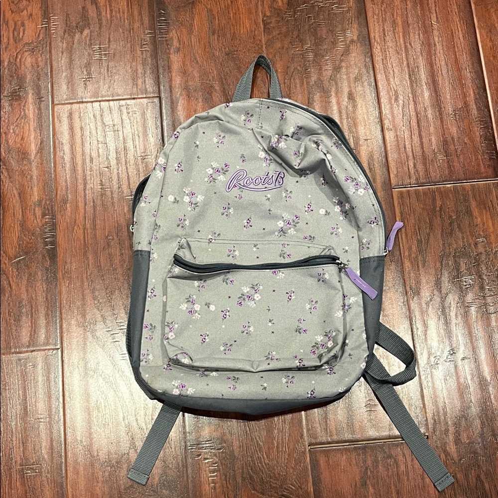 Roots Gray Backpack with Purple Floral Design